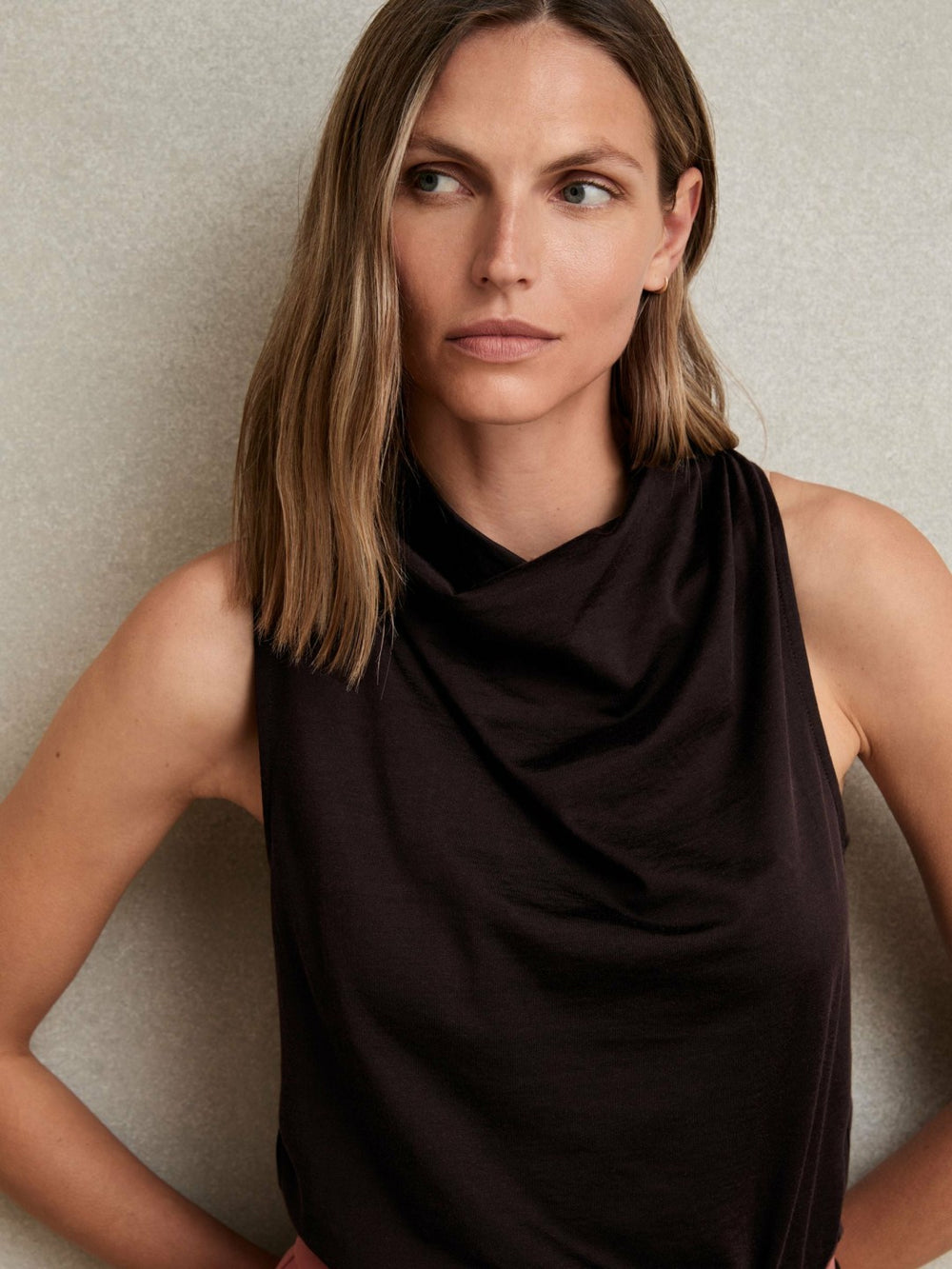 Reiss | Cotton-Blend Cowl-Neck Sleeveless Top in Plum Purple