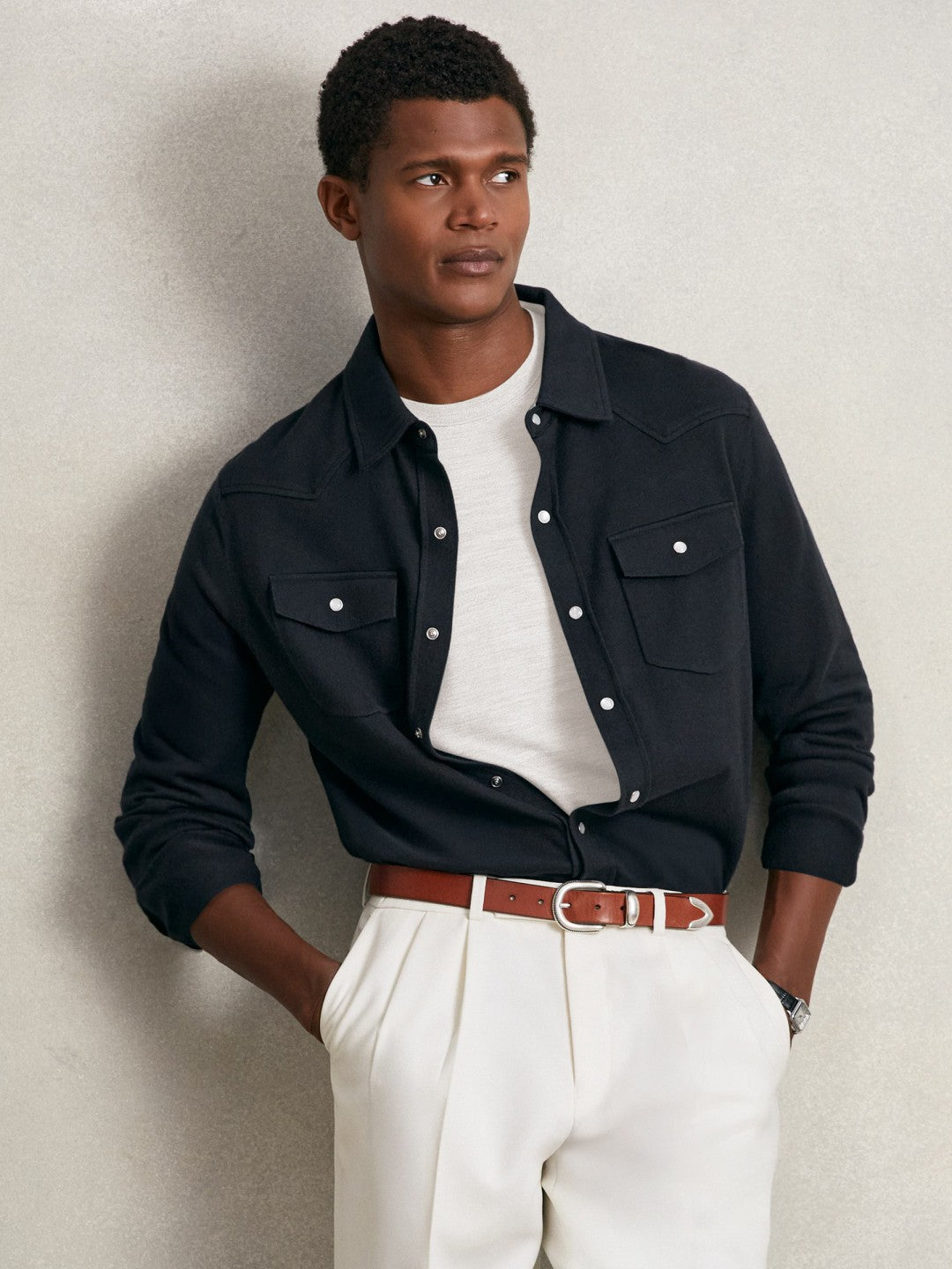 Reiss | Cotton-Cashmere Western Knitted Shirt in Navy