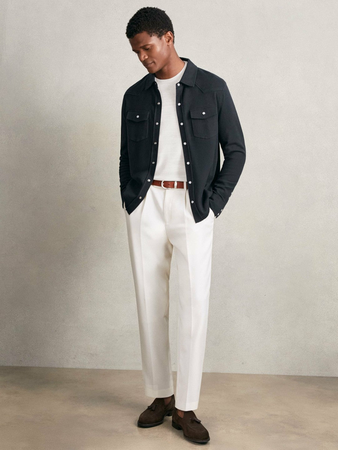 Reiss | Cotton-Cashmere Western Knitted Shirt in Navy