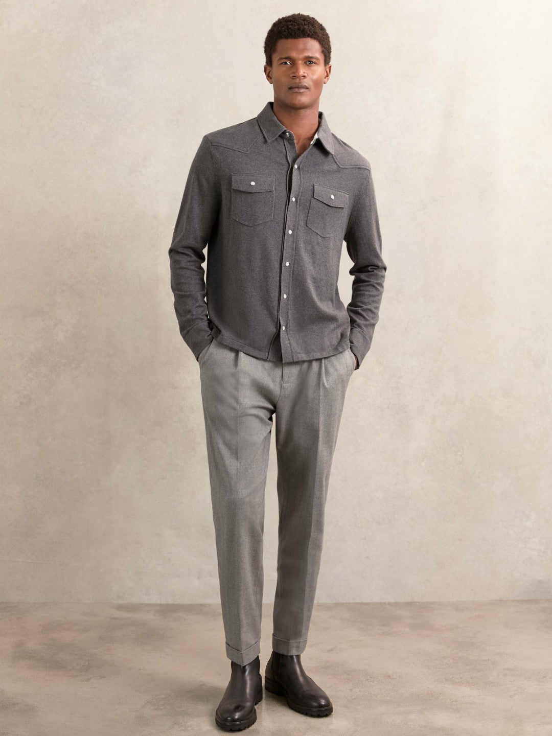 Reiss | Cotton-Cashmere Western Knitted Shirt in Charcoal Grey