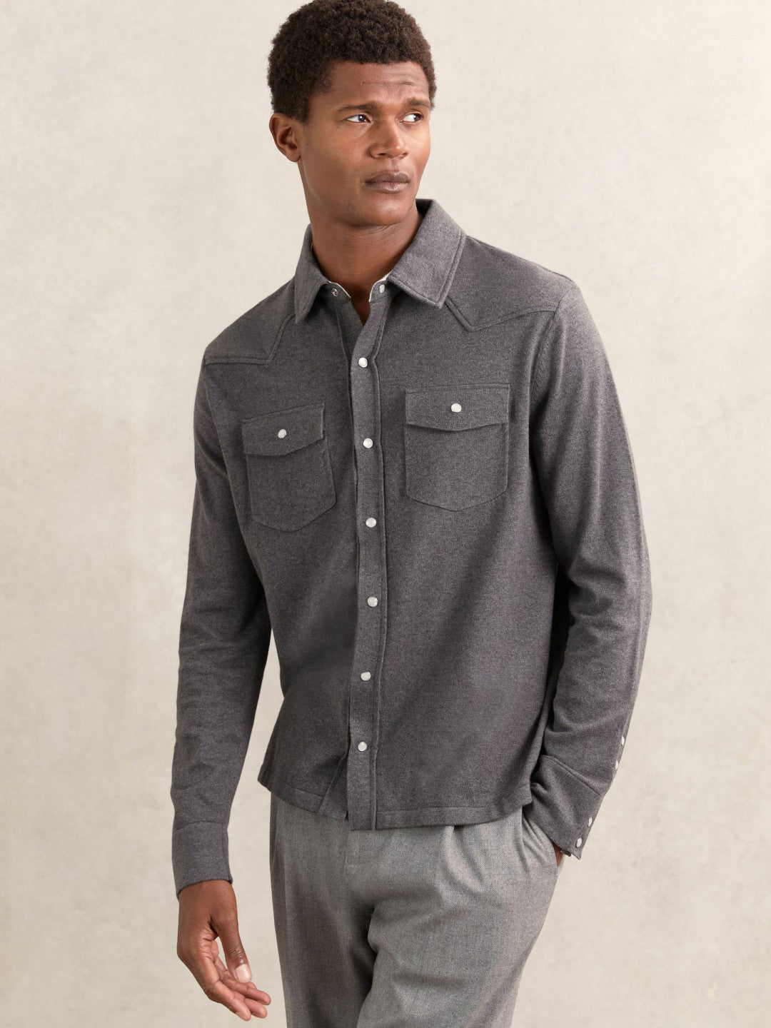 Reiss | Cotton-Cashmere Western Knitted Shirt in Charcoal Grey