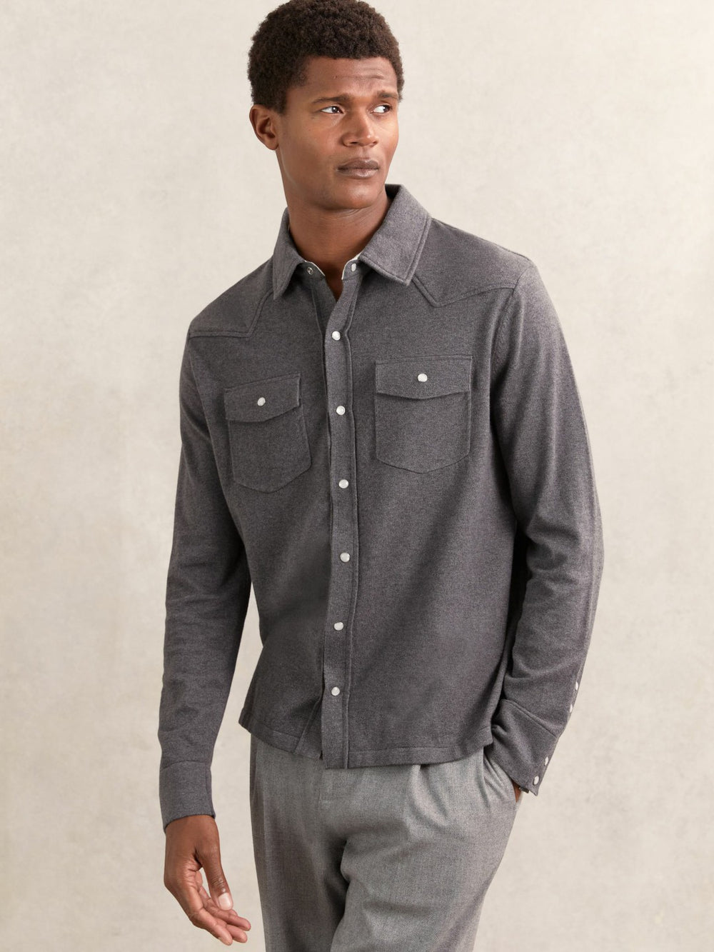 Reiss | Cotton-Cashmere Western Knitted Shirt in Charcoal Grey