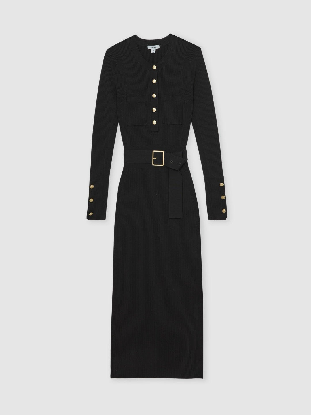 Reiss | Buttoned Rib-Knit Midi Dress in Black