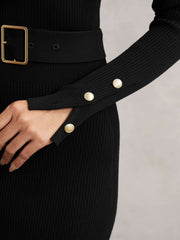 Reiss | Buttoned Rib-Knit Midi Dress in Black