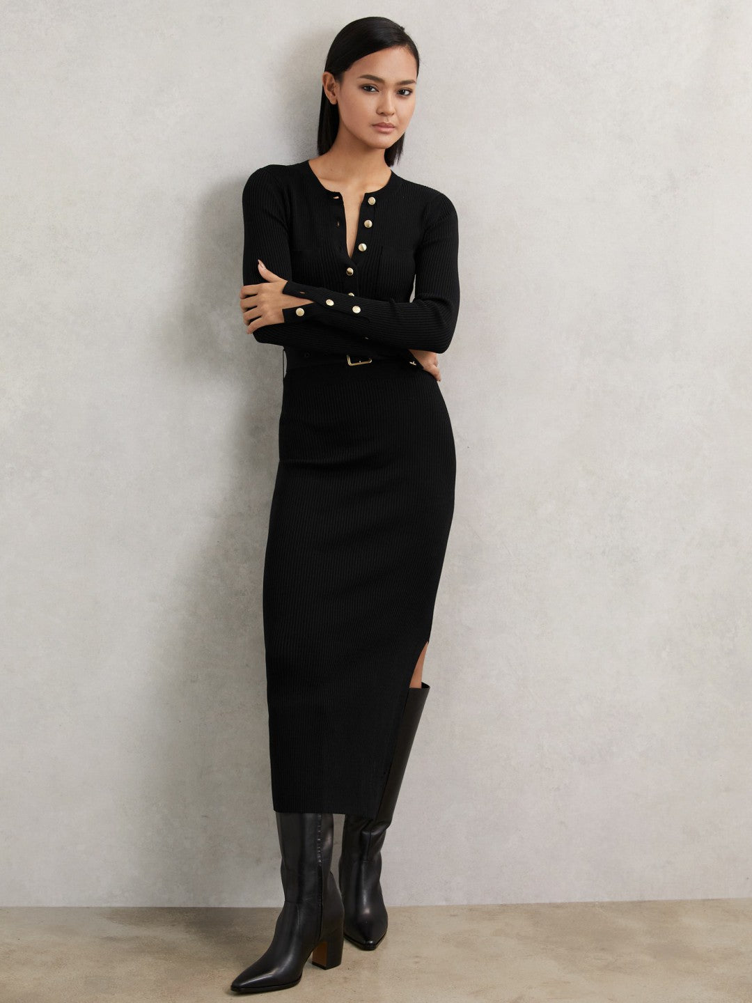Reiss | Buttoned Rib-Knit Midi Dress in Black