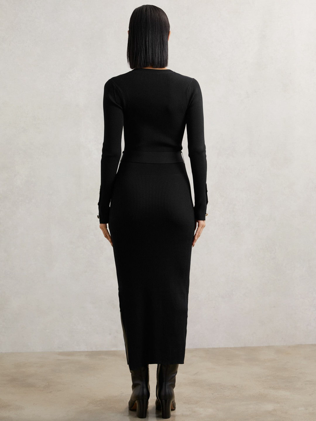 Reiss | Buttoned Rib-Knit Midi Dress in Black