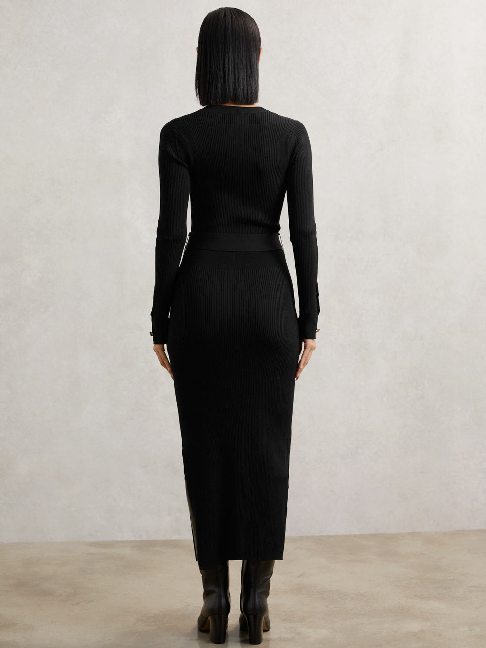 Reiss | Buttoned Rib-Knit Midi Dress in Black
