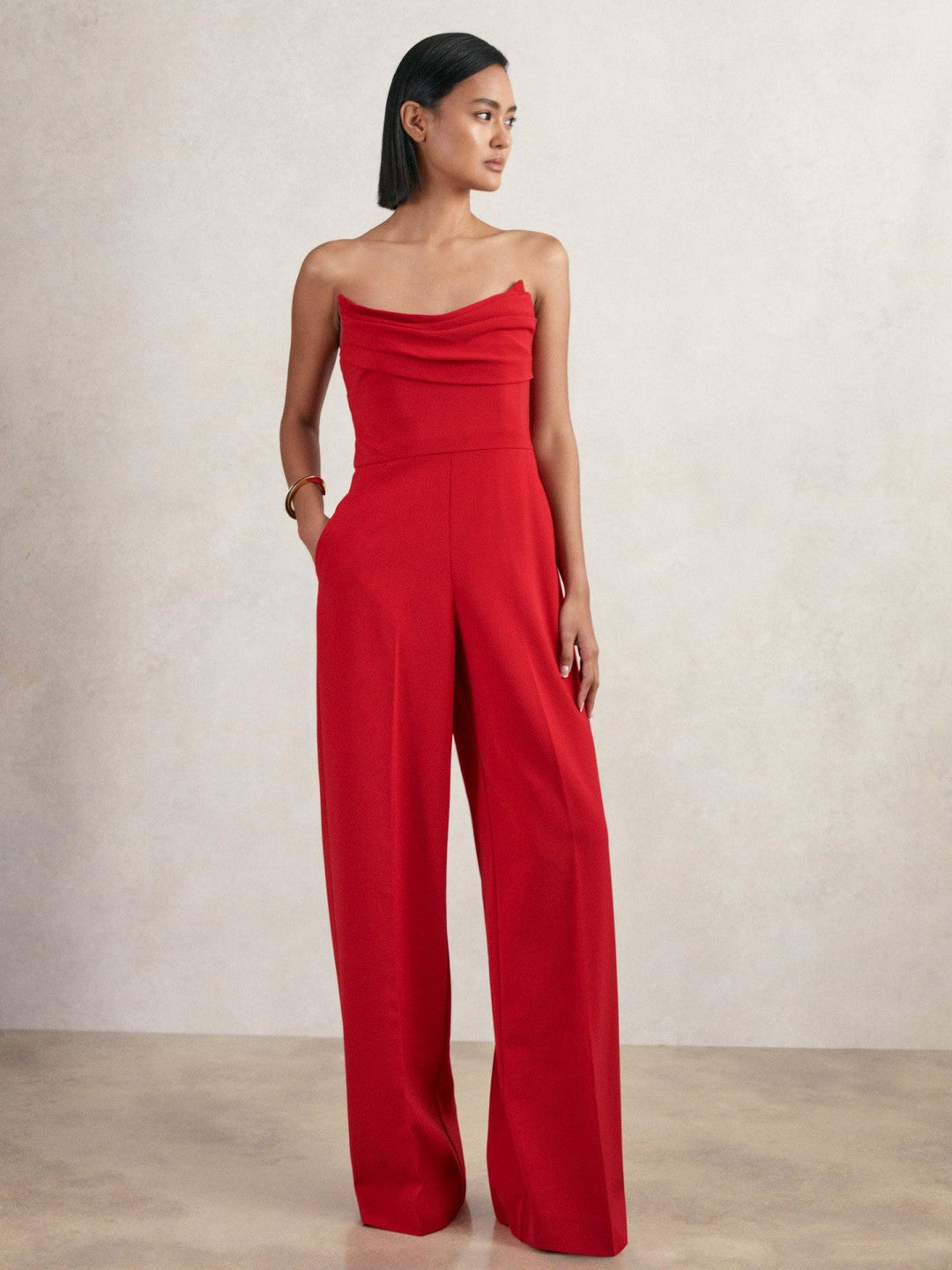 Reiss | Structured Strapless Wide-Leg Jumpsuit in Red