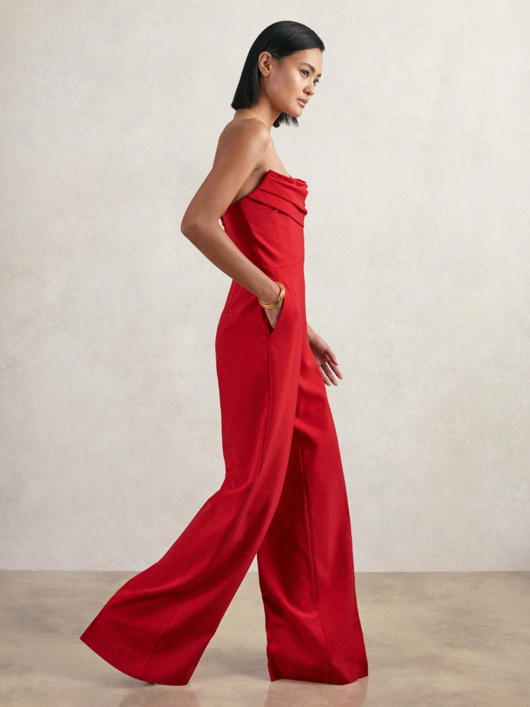 Reiss | Structured Strapless Wide-Leg Jumpsuit in Red