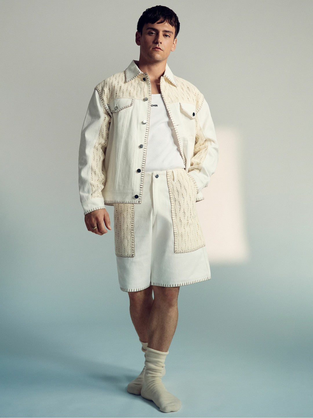 Reiss | | Tom Daley Crochet Denim Jacket in Off White