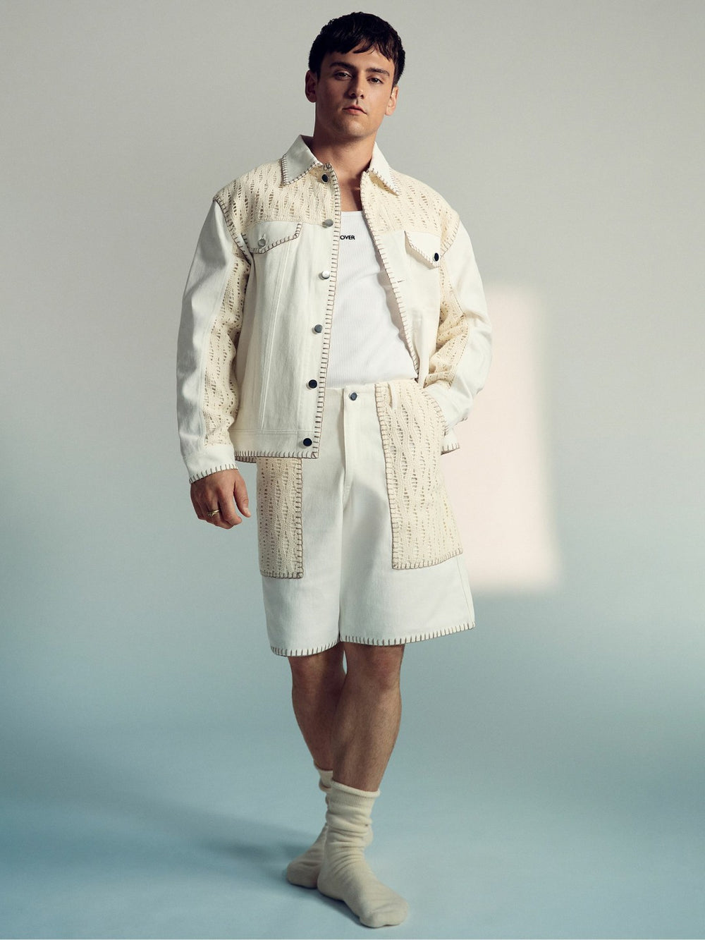 Reiss | | Tom Daley Crochet Denim Jacket in Off White