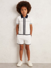 Reiss | Tipped Knit Stitch-Detail Shorts in White/Navy