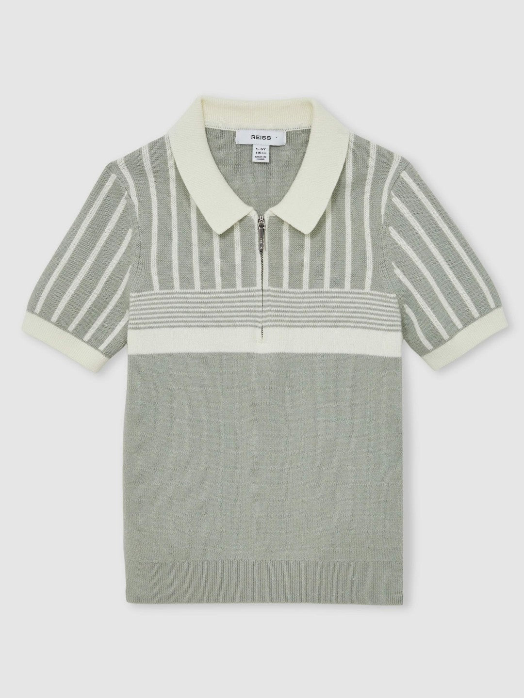 Reiss | 3-9 yrs Cotton Stripe Knit Half-Zip Polo Shirt in Sage Green/Off White