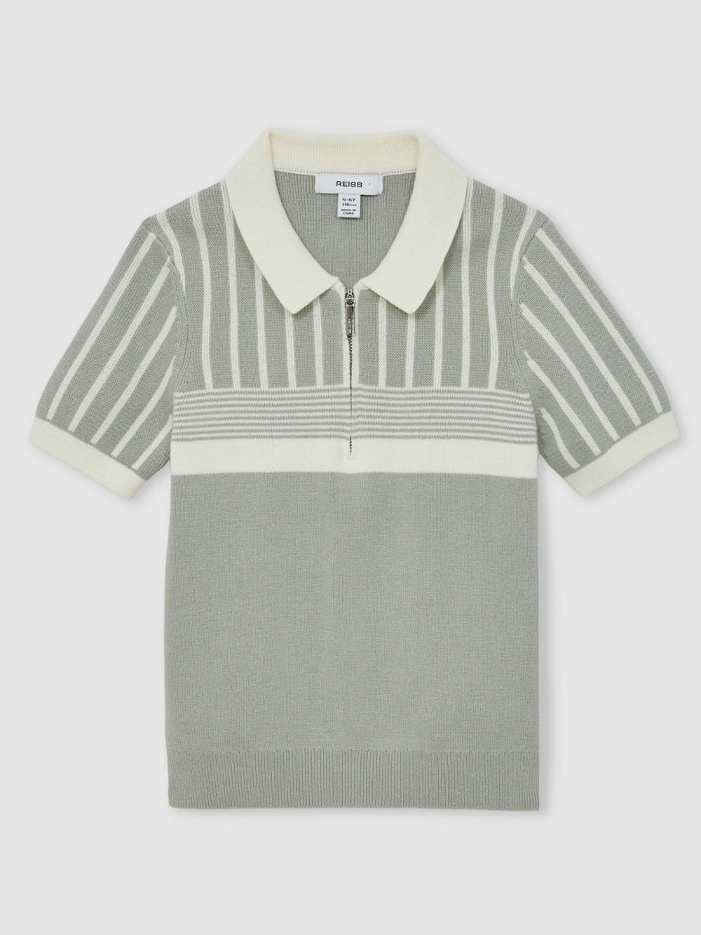 Reiss | 3-9 yrs Cotton Stripe Knit Half-Zip Polo Shirt in Sage Green/Off White