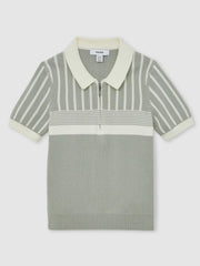 Reiss | 3-9 yrs Cotton Stripe Knit Half-Zip Polo Shirt in Sage Green/Off White
