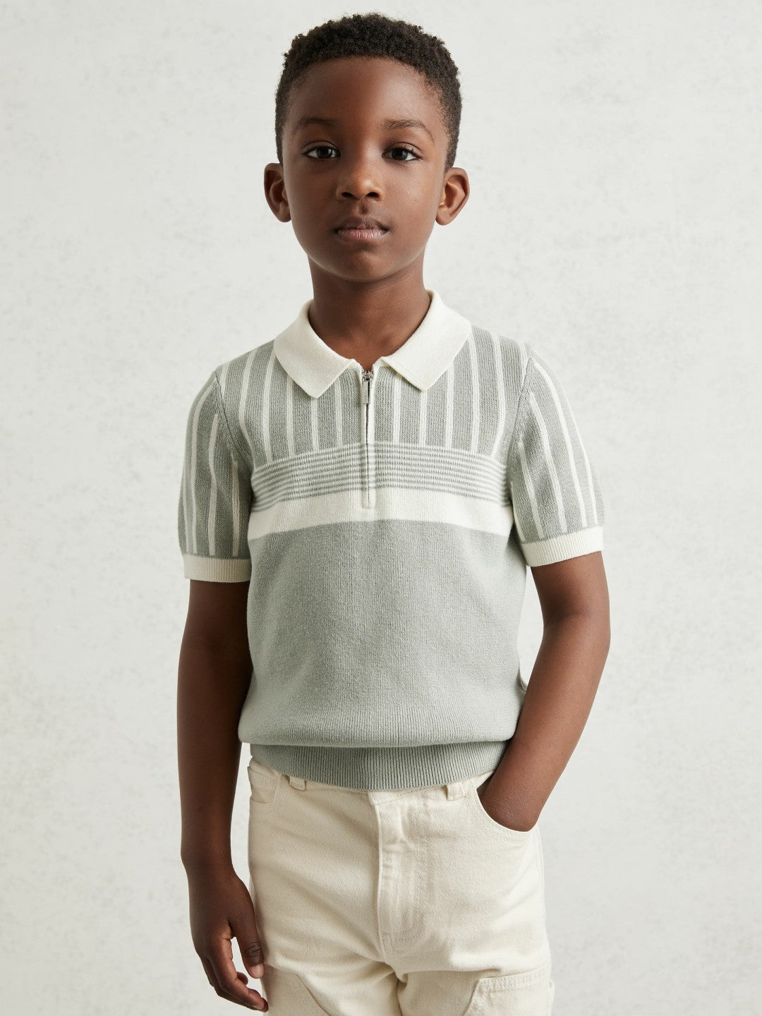 Reiss | 3-9 yrs Cotton Stripe Knit Half-Zip Polo Shirt in Sage Green/Off White