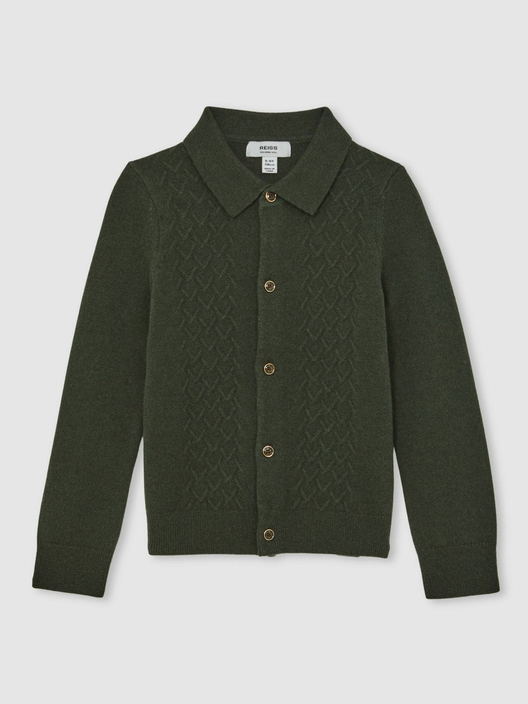 Reiss | 3-9 yrs Wool V-Stitch Button-Through Cardigan in Forest Green