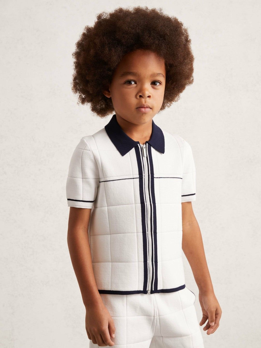 Reiss | 3-9 yrs Tipped Knit Zip-Through Shirt in White/Navy