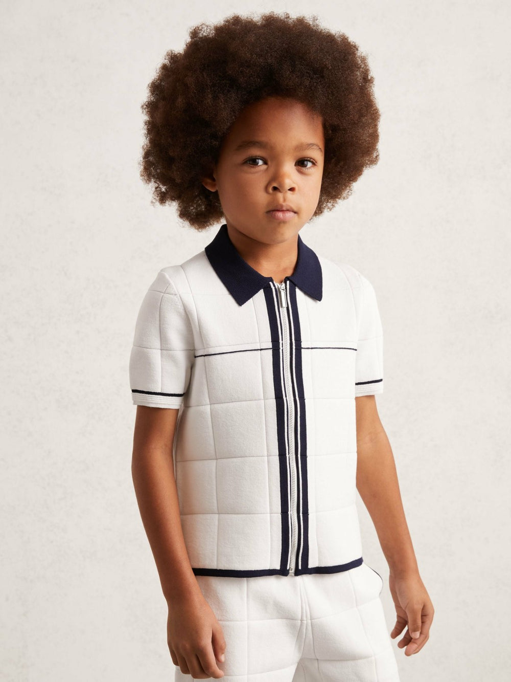 Reiss | 3-9 yrs Tipped Knit Zip-Through Shirt in White/Navy