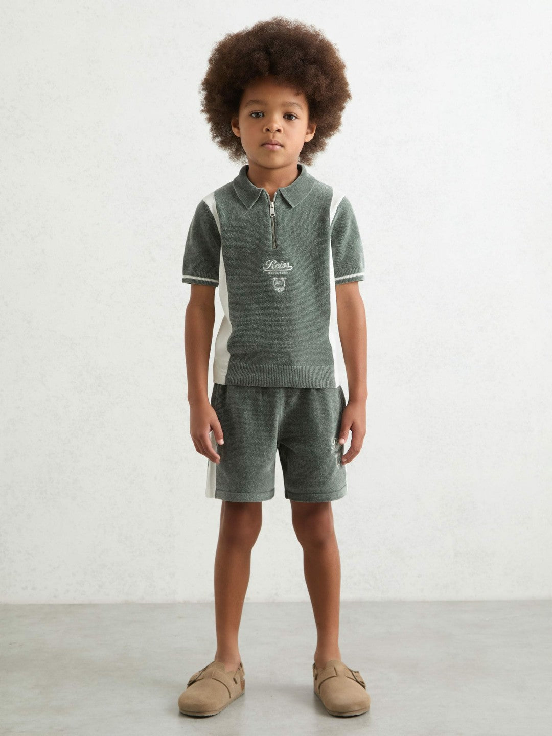 Reiss | 9-13 yrs Chenille Tipped Motor Cars Shorts in Dark Sage Green/White