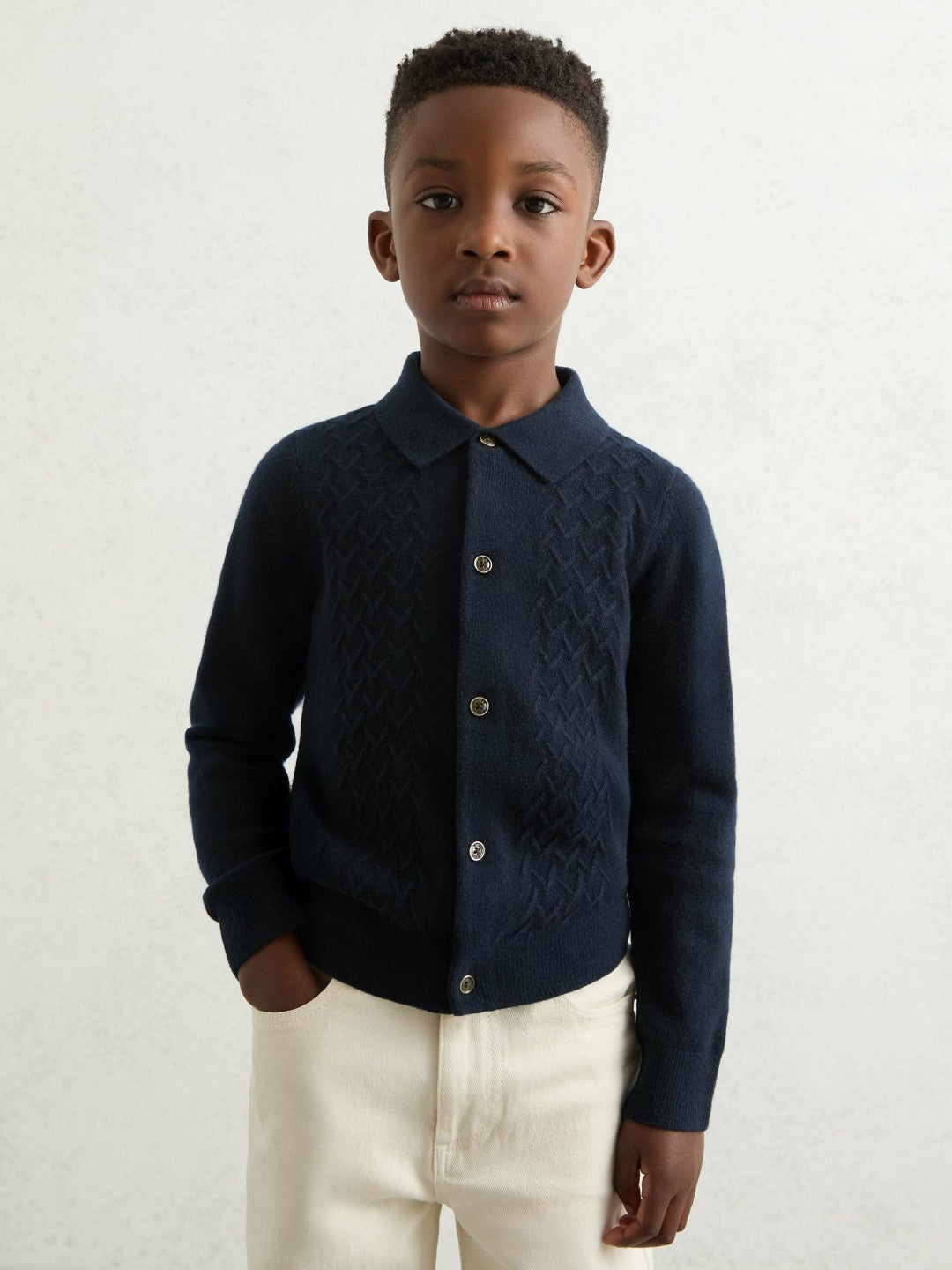 Reiss | 9-13 yrs Wool V-Stitch Button-Through Cardigan in Navy Blue