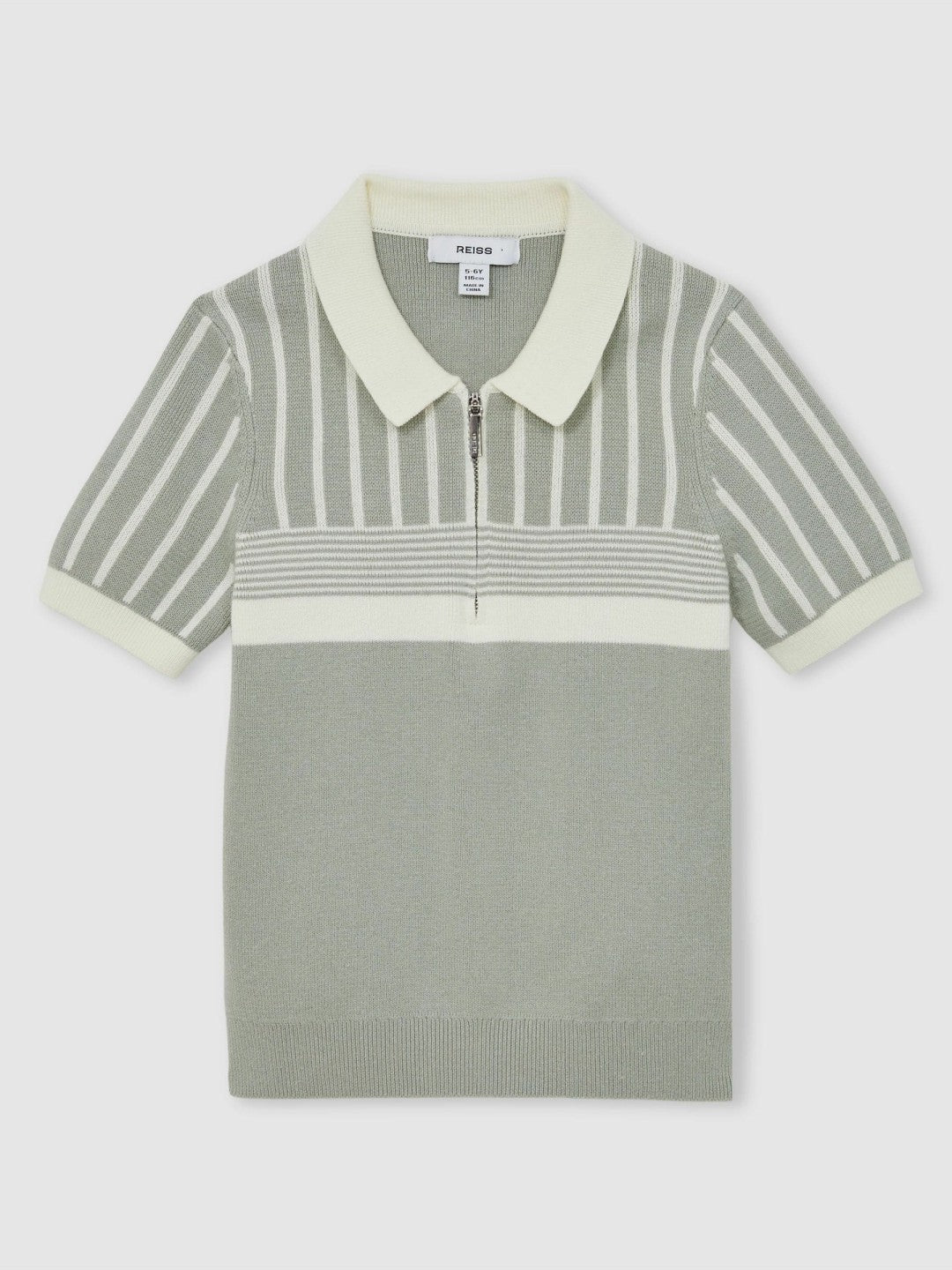 Reiss | 13-14 yrs Cotton Stripe Knit Half-Zip Polo Shirt in Sage Green/Off White