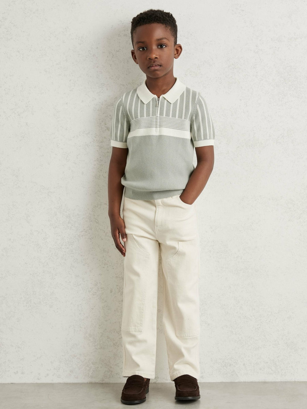 Reiss | 13-14 yrs Cotton Stripe Knit Half-Zip Polo Shirt in Sage Green/Off White