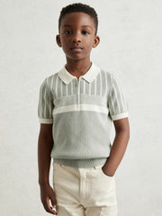 Reiss | 13-14 yrs Cotton Stripe Knit Half-Zip Polo Shirt in Sage Green/Off White