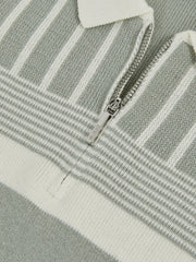Reiss | 13-14 yrs Cotton Stripe Knit Half-Zip Polo Shirt in Sage Green/Off White