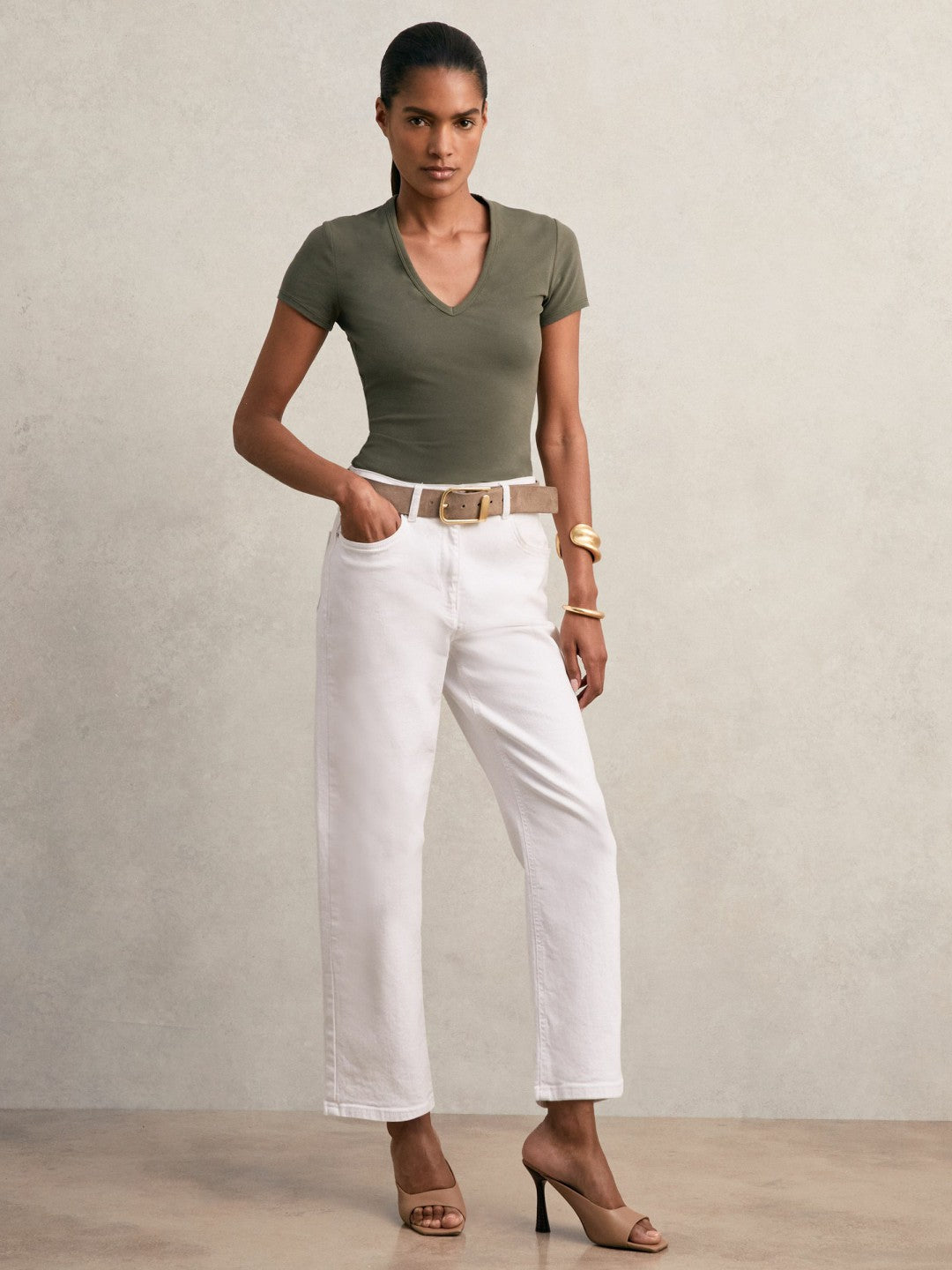 Reiss | Stretch Cotton V-Neck T-Shirt in Khaki Green