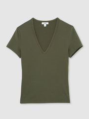 Reiss | Stretch Cotton V-Neck T-Shirt in Khaki Green
