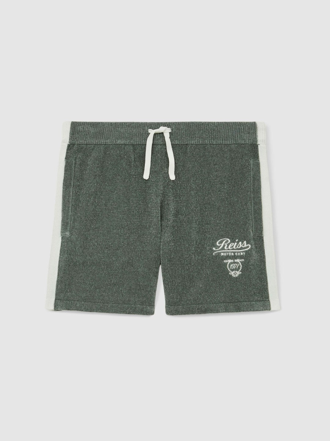 Reiss | 13-14 yrs Chenille Tipped Motor Cars Shorts in Dark Sage Green/White