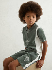 Reiss | 13-14 yrs Chenille Tipped Motor Cars Shorts in Dark Sage Green/White