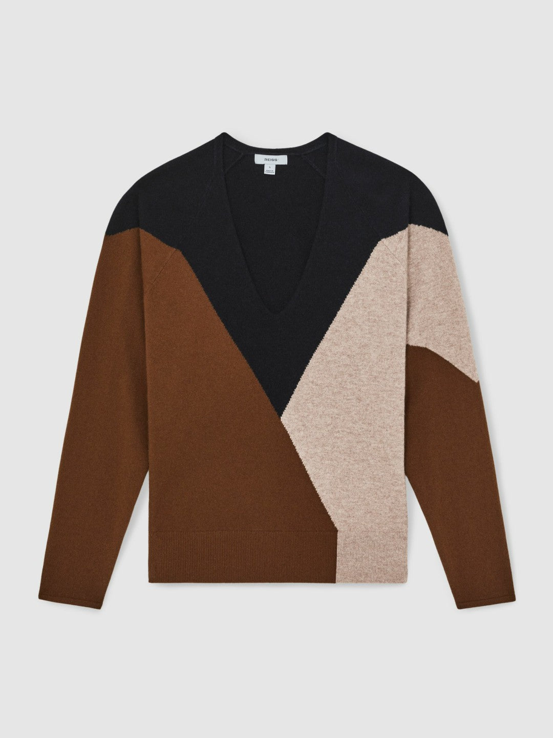 Reiss | Wool-Blend Colourblock Knit Jumper with Cashmere in Toffee Brown/Navy/Neutral