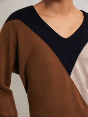 Reiss | Wool-Blend Colourblock Knit Jumper with Cashmere in Toffee Brown/Navy/Neutral
