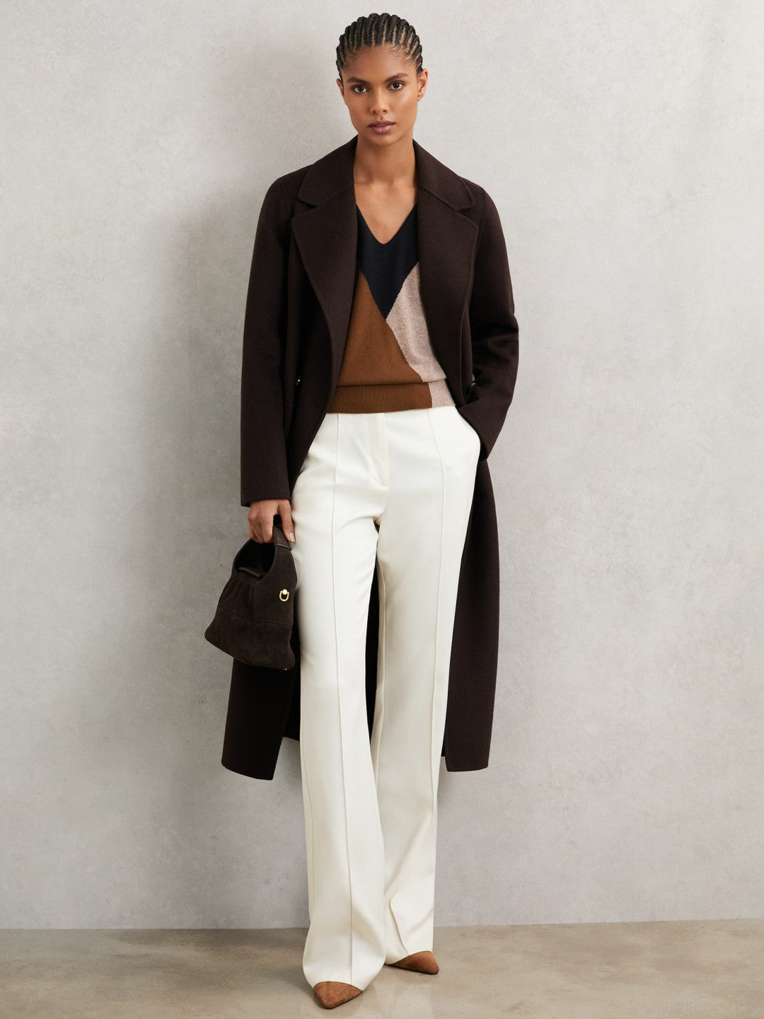 Reiss | Wool-Blend Colourblock Knit Jumper with Cashmere in Toffee Brown/Navy/Neutral