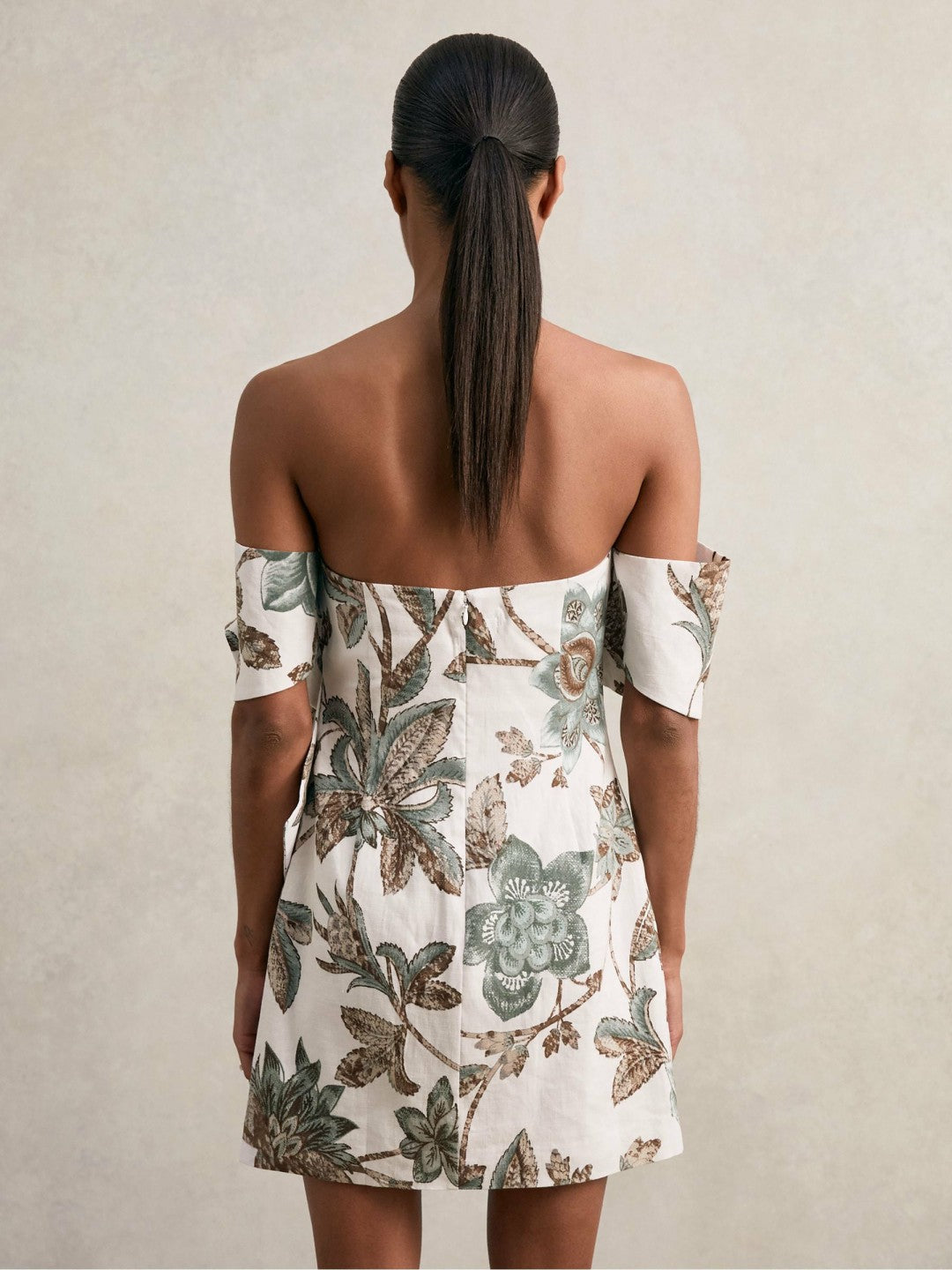 Reiss | Sculpted Off-Shoulder Floral Mini Dress Linen-Cotton in Ivory