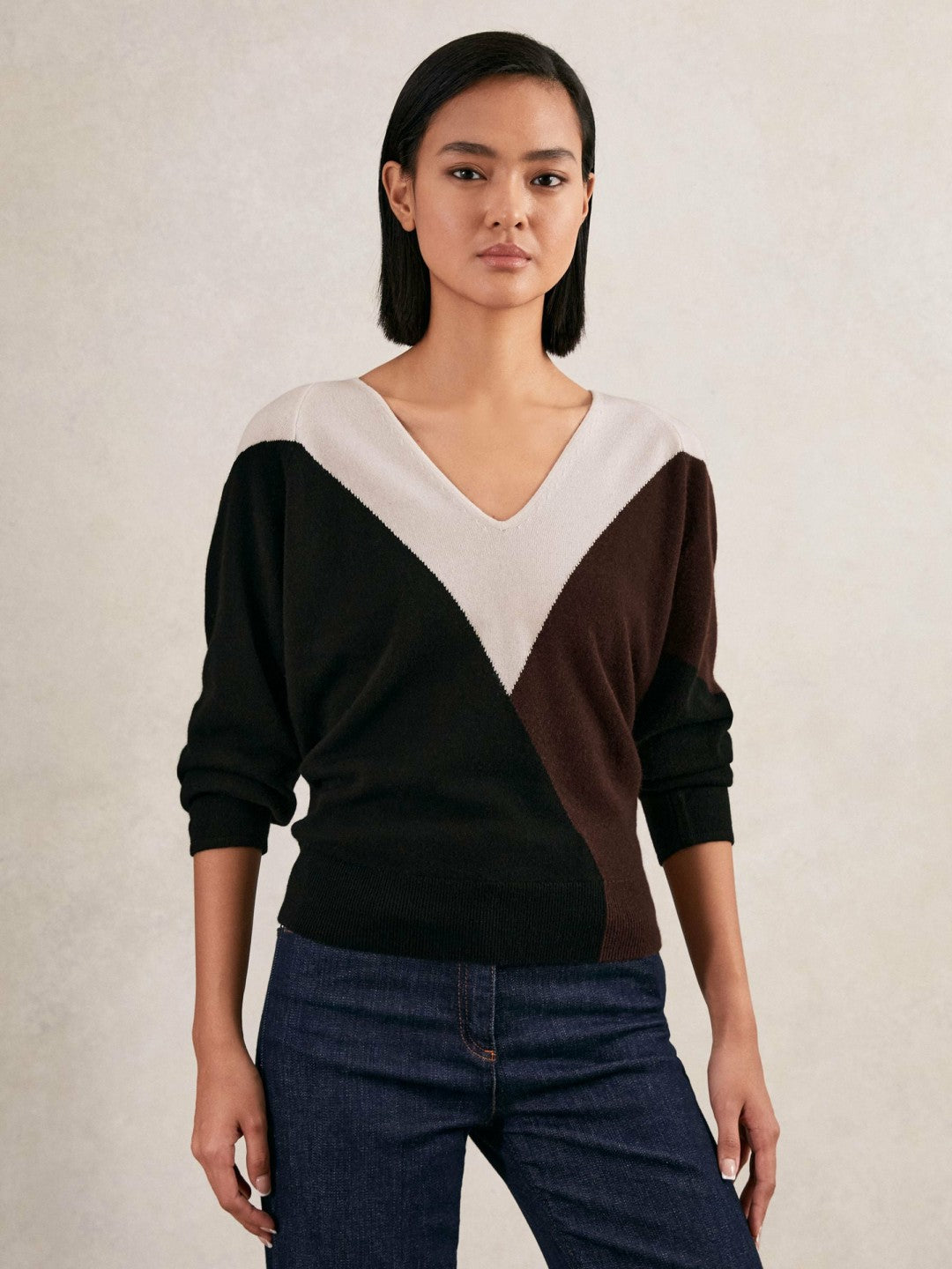 Reiss | Wool-Blend Colourblock Knit Jumper with Cashmere in Black/Burgundy/Cream