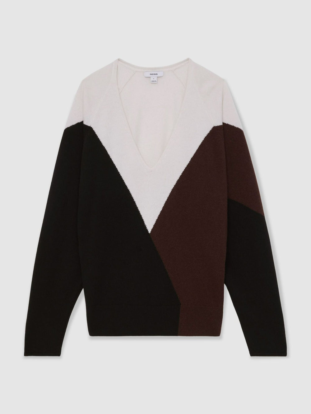 Reiss | Wool-Blend Colourblock Knit Jumper with Cashmere in Black/Burgundy/Cream