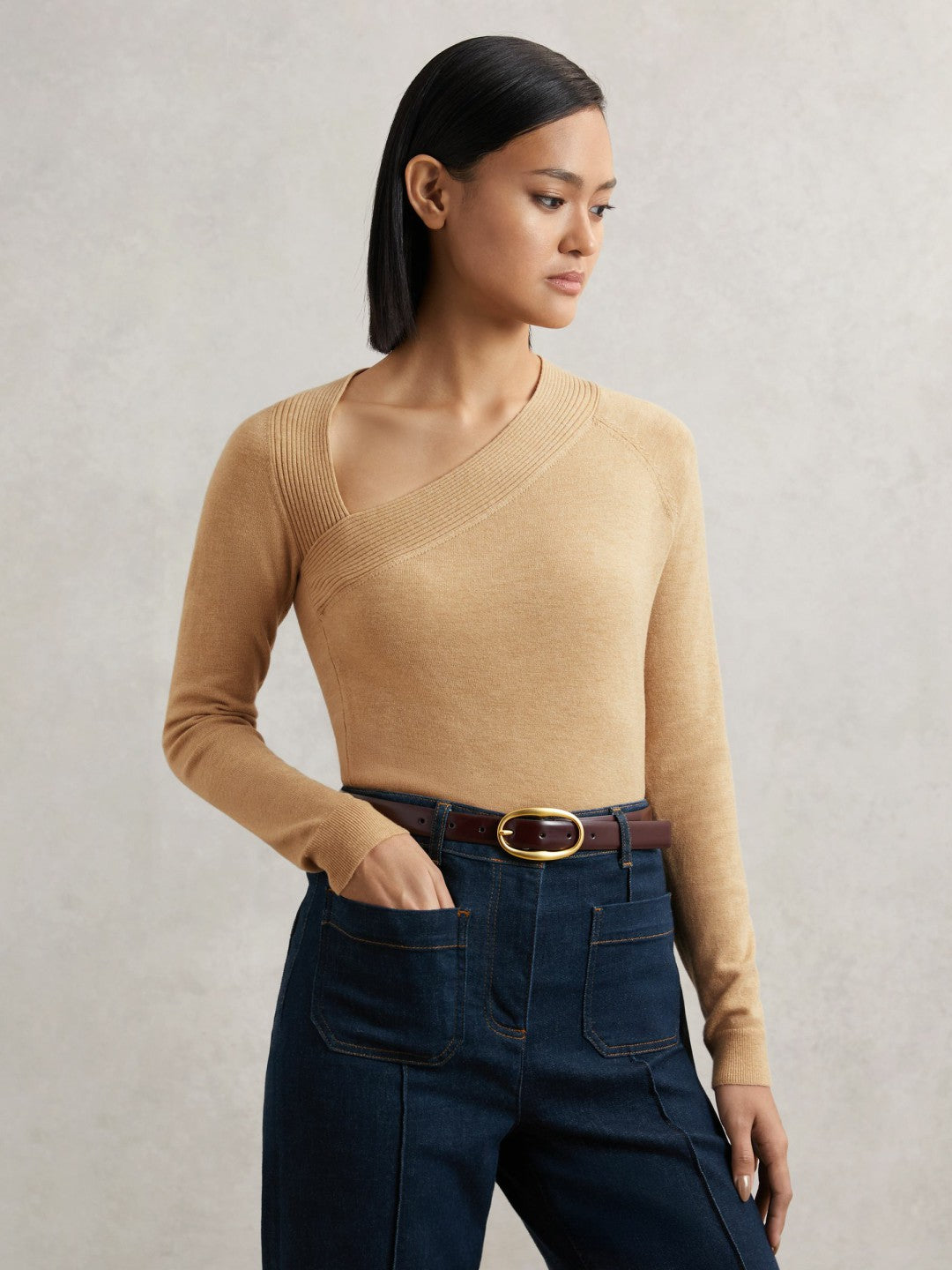Reiss | Wool-Blend Asymmetric Knit Top in Camel