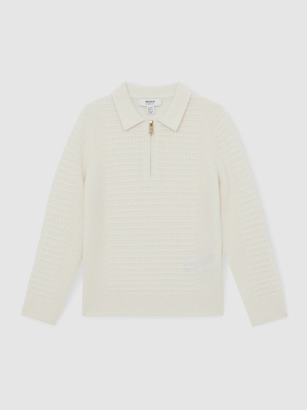 Reiss | 13-14 yrs Wool Waffle-Knit Half-Zip Polo Shirt in Off White