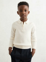 Reiss | 13-14 yrs Wool Waffle-Knit Half-Zip Polo Shirt in Off White