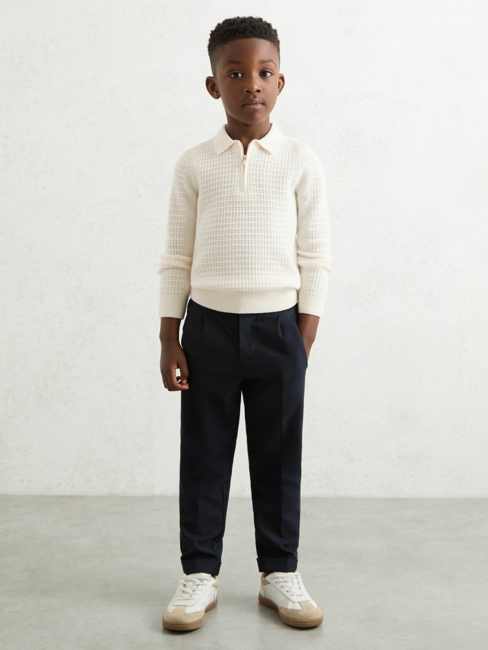 Reiss | 13-14 yrs Wool Waffle-Knit Half-Zip Polo Shirt in Off White