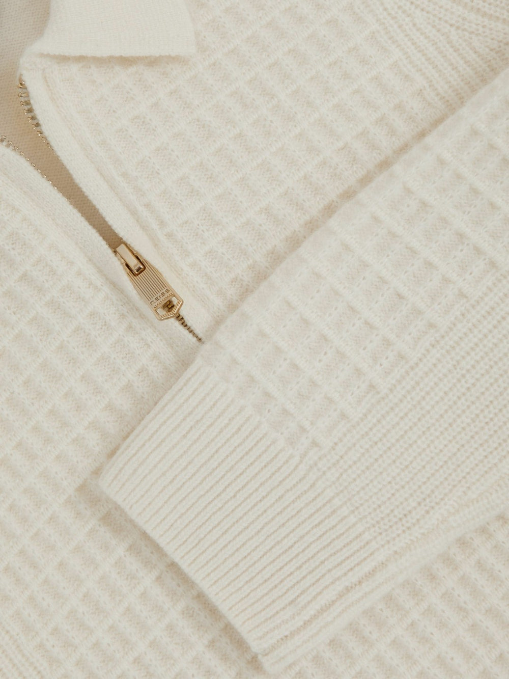 Reiss | 13-14 yrs Wool Waffle-Knit Half-Zip Polo Shirt in Off White
