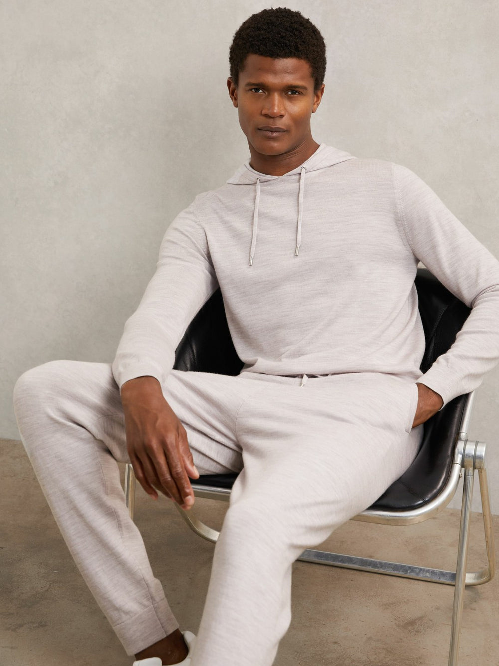 Reiss | Merino Wool Drawstring Hoodie in Wicker Brown Melange