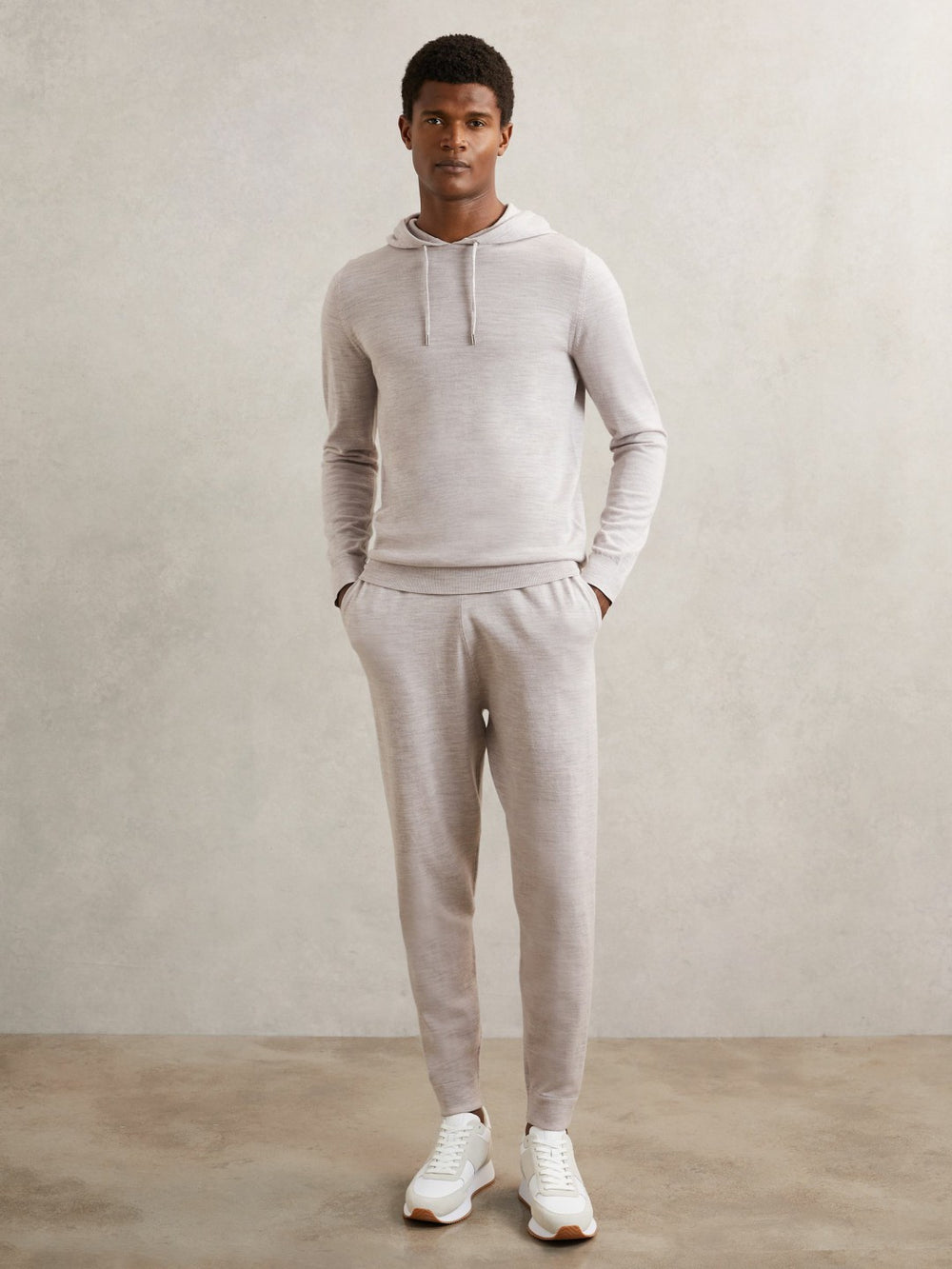 Reiss | Merino Wool Drawstring Hoodie in Wicker Brown Melange