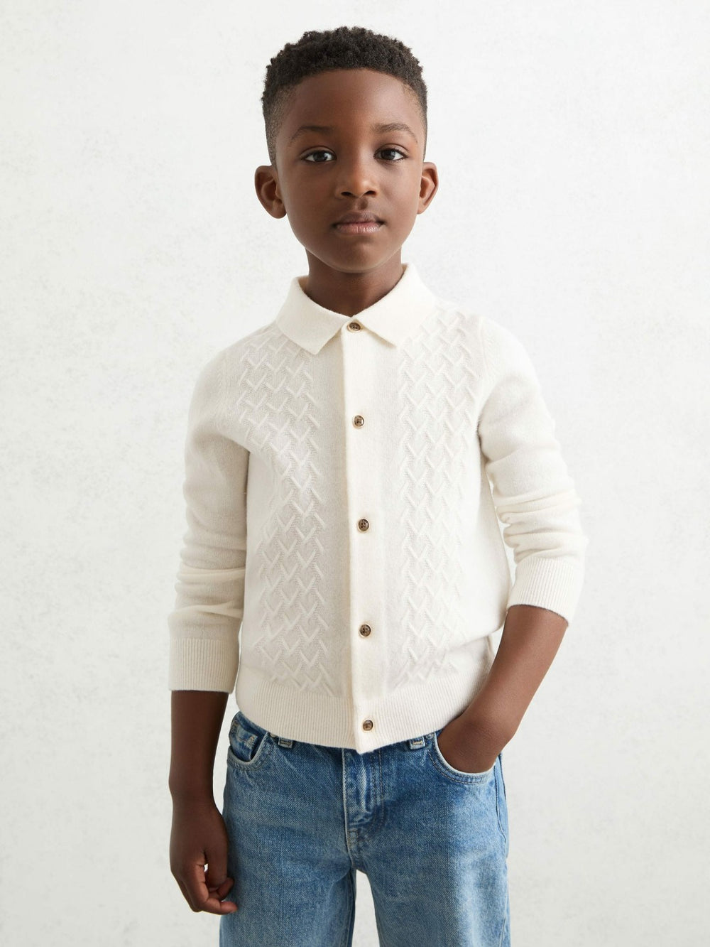 Reiss | 13-14 yrs Wool V-Stitch Button-Through Cardigan in Off White