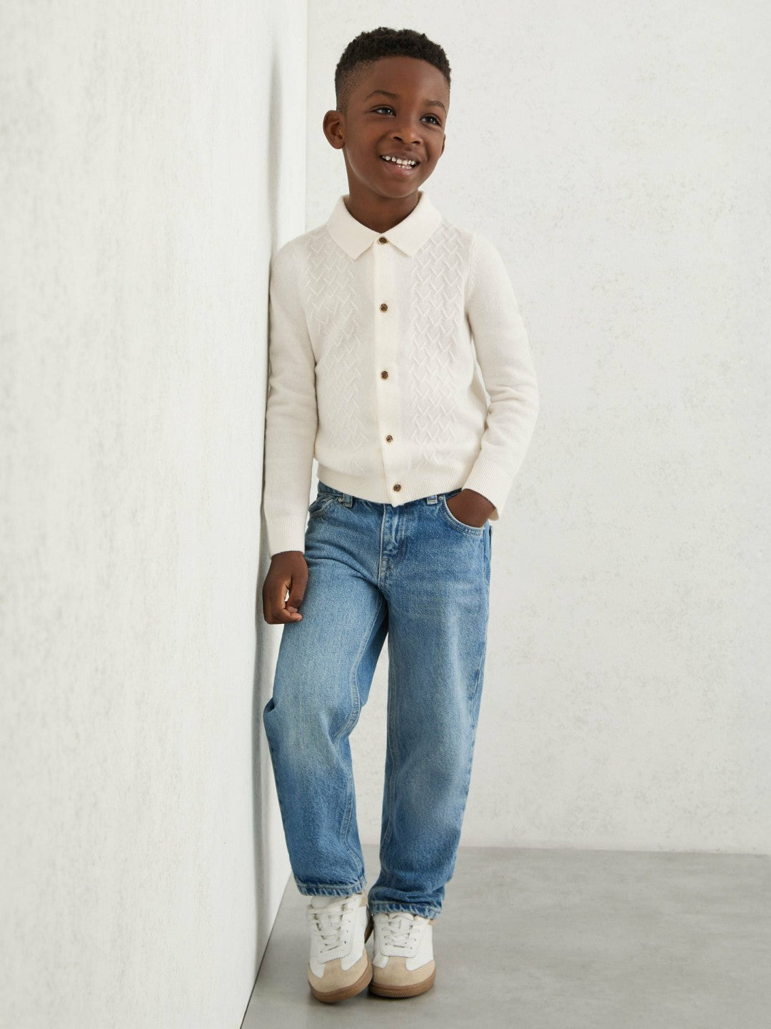 Reiss | 13-14 yrs Wool V-Stitch Button-Through Cardigan in Off White
