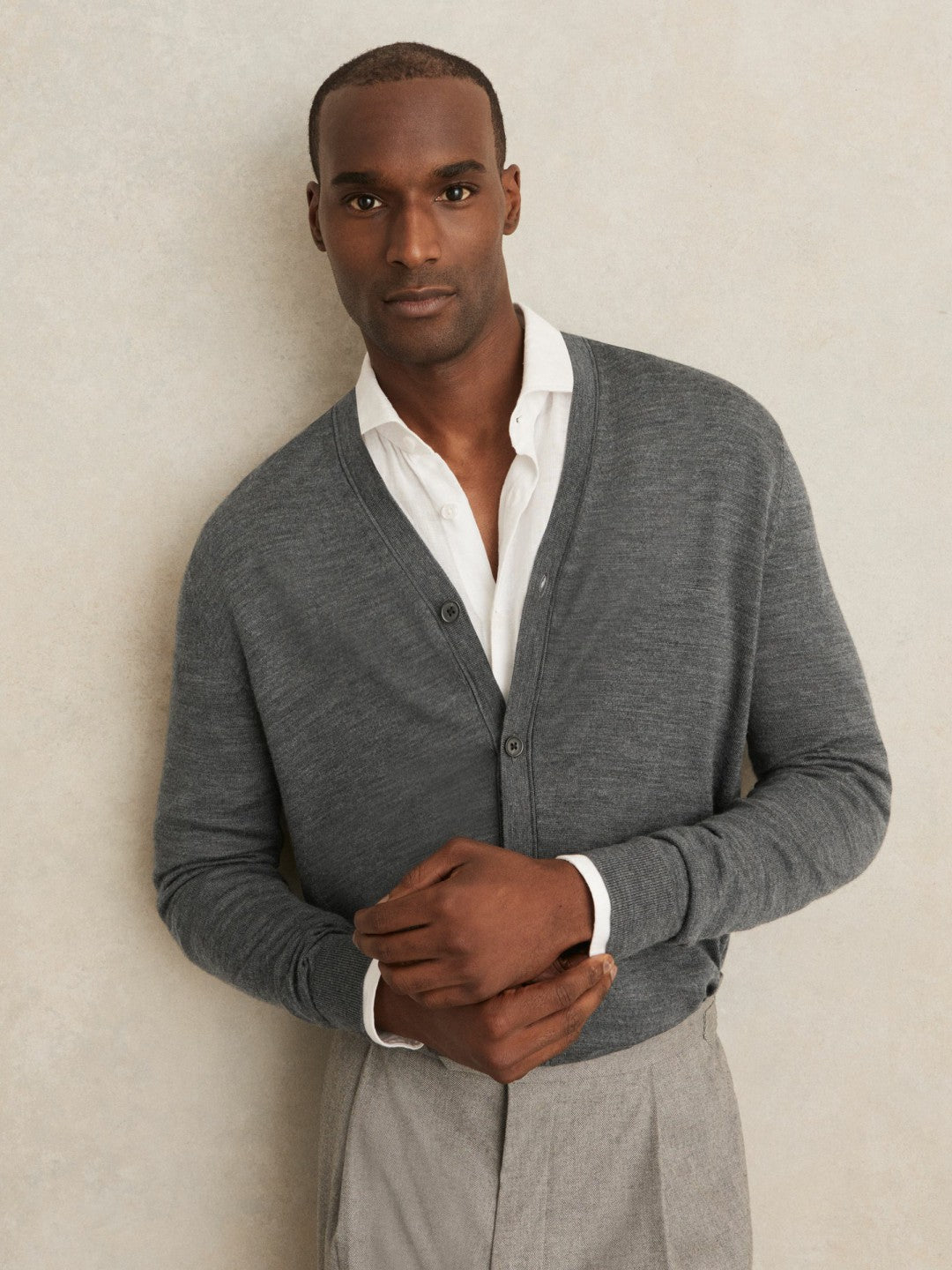 Reiss | Merino Wool Button-Through Cardigan in Derby Grey Melange