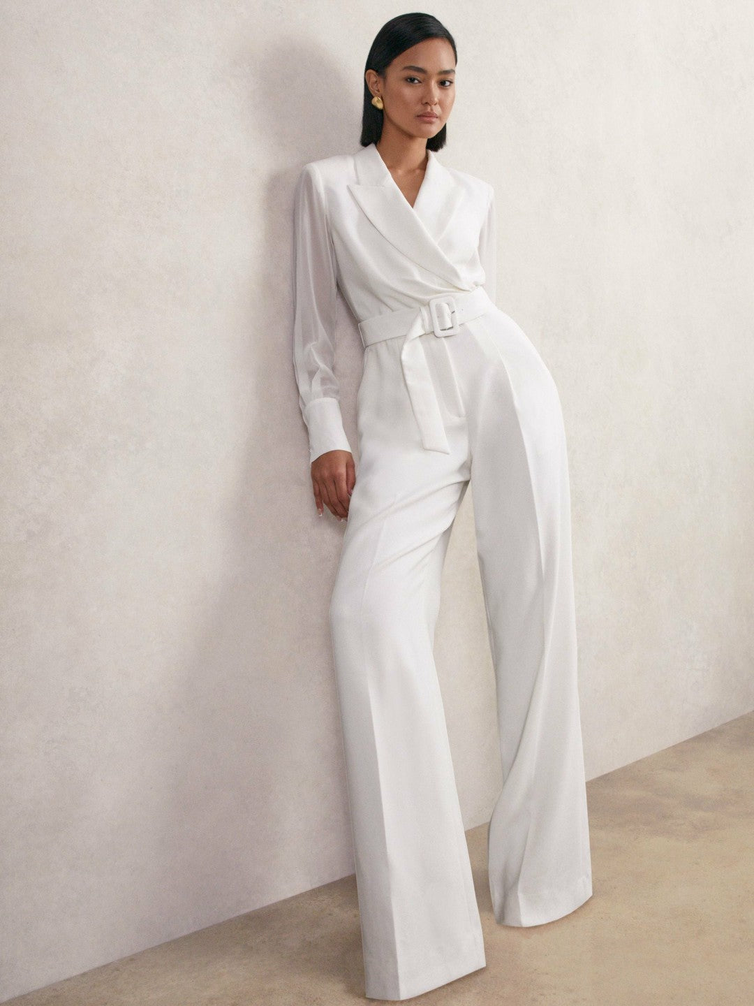 Reiss | Sheer-Sleeve Wide-Leg Tuxedo Jumpsuit in Ivory